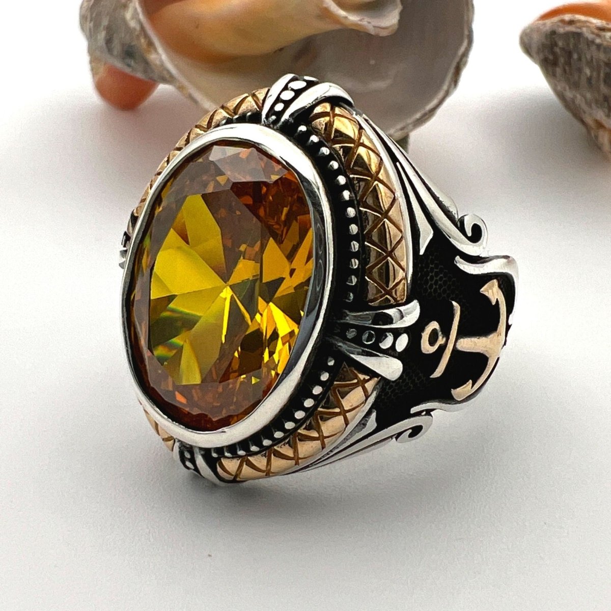 Yellow Citrine Stone Double Headed Eagle Ring