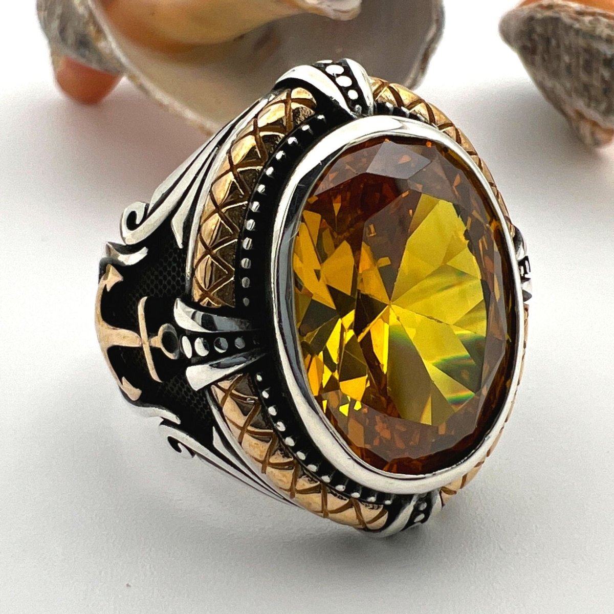 Yellow Citrine Stone Double Headed Eagle Ring