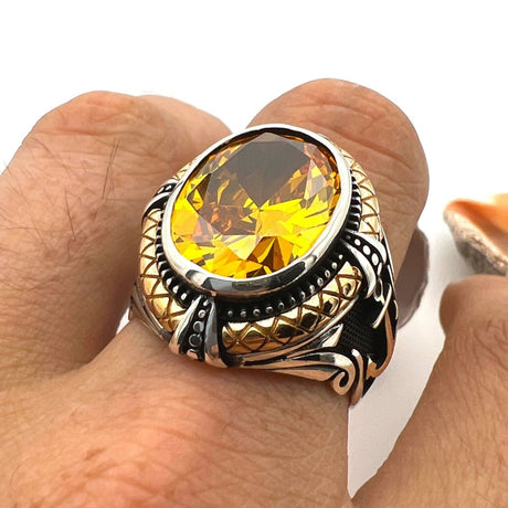 Yellow Citrine Stone Double Headed Eagle Ring