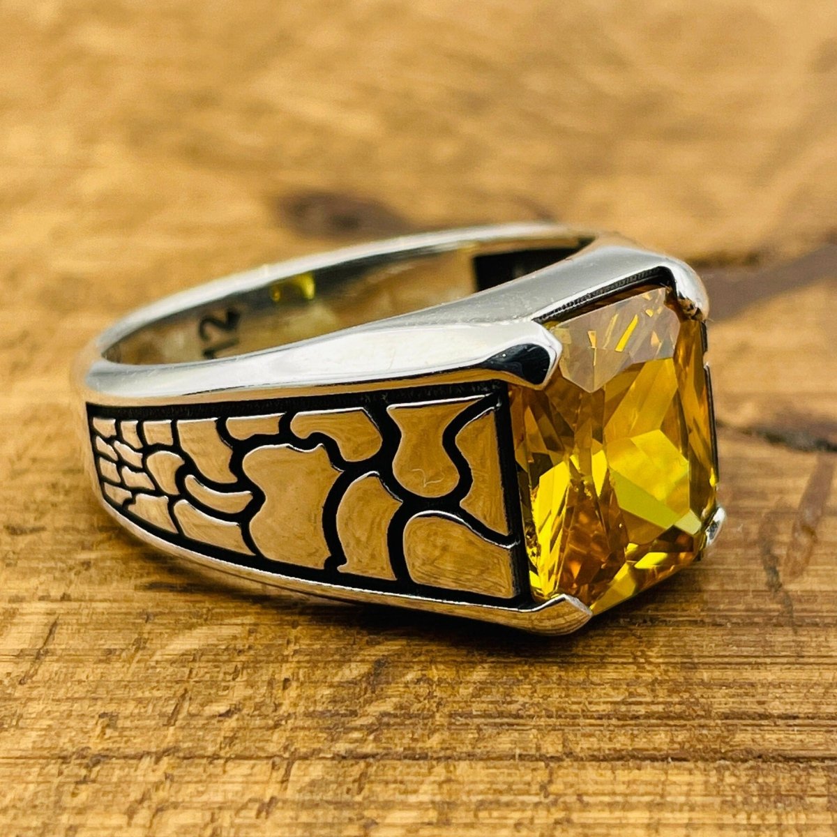 Yellow Citrine Stone Men's Silver Ring