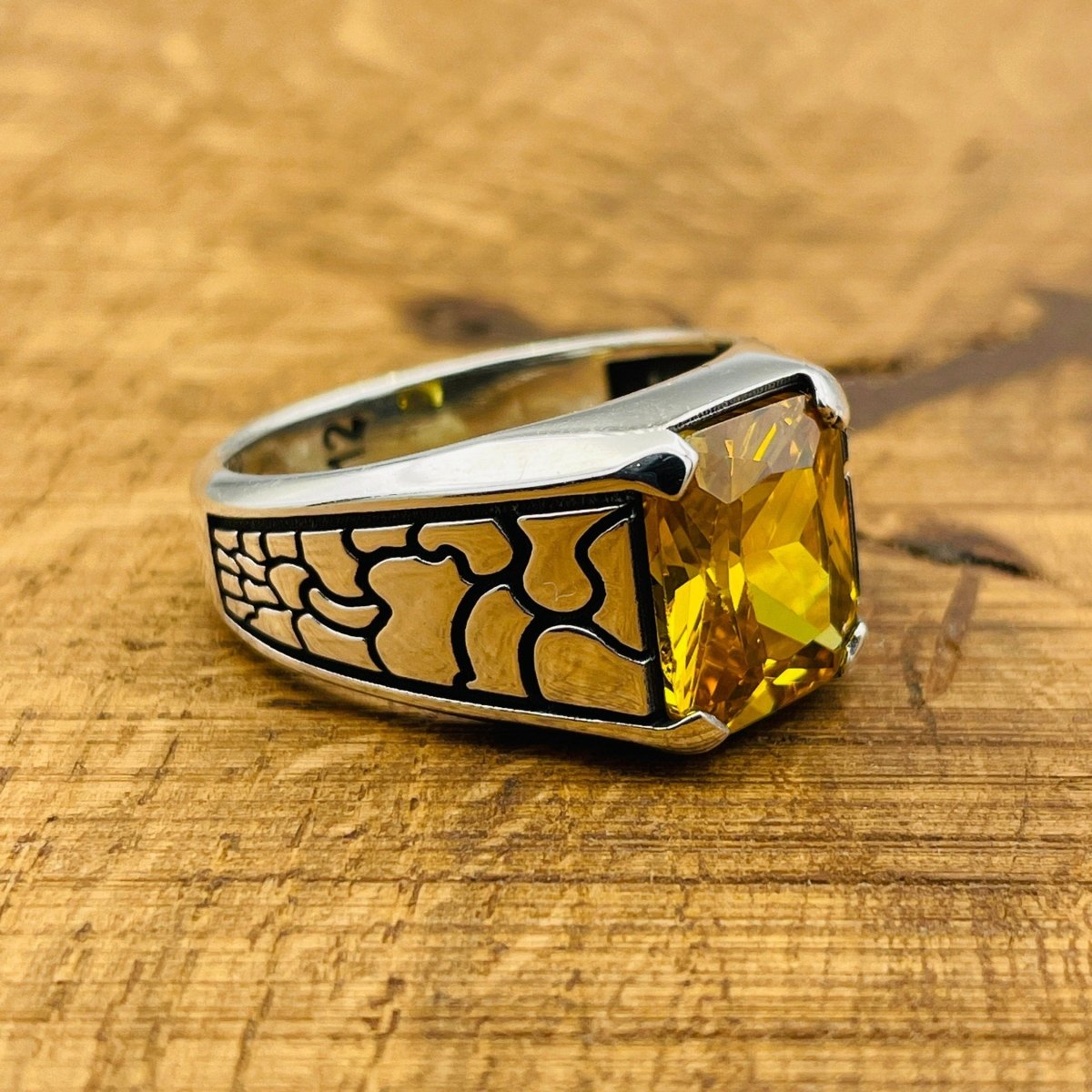 Yellow Citrine Stone Men's Silver Ring