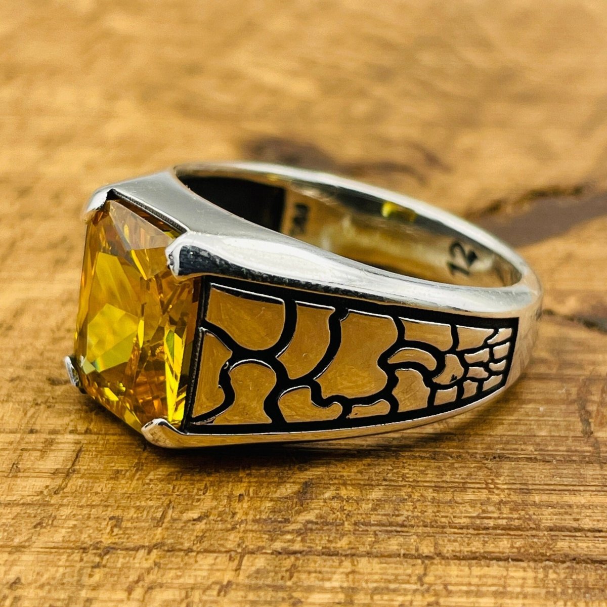 Yellow Citrine Stone Men's Silver Ring