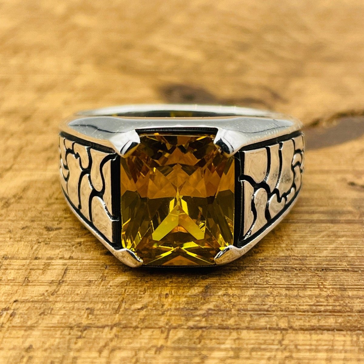 Yellow Citrine Stone Men's Silver Ring