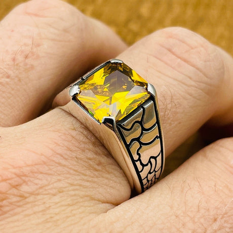 Yellow Citrine Stone Men's Silver Ring