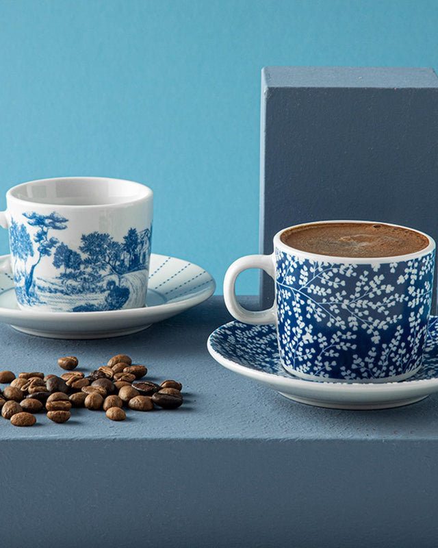 Premium Porcelain Zebra Pattern Coffee Cup Saucer Set Navy Blue 4 Piece