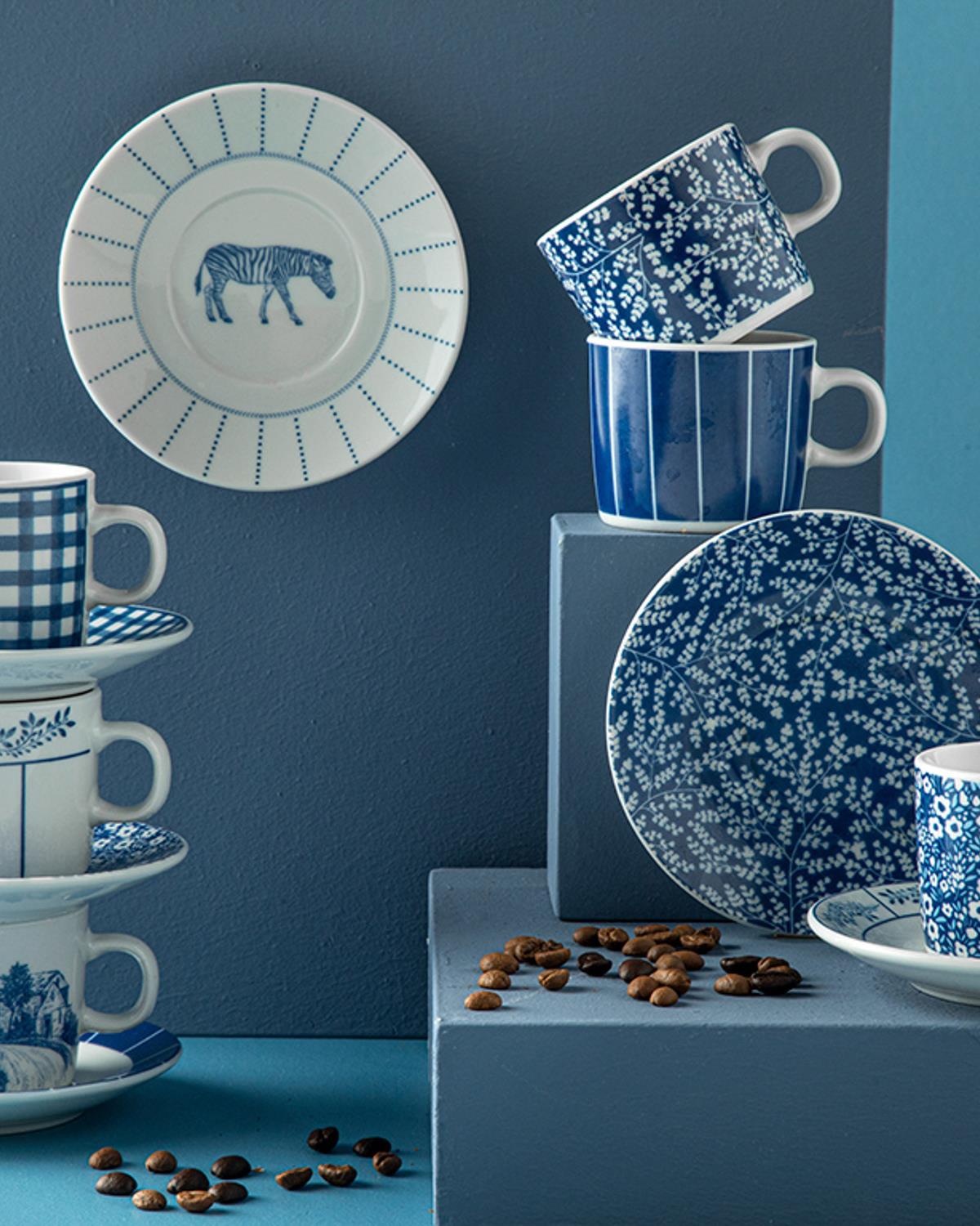 Premium porseleinen koffiekopje en schotel set met zebrapatroon, marineblauw, 4-delig