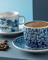 Premium porseleinen koffiekopje en schotel set met zebrapatroon, marineblauw, 4-delig