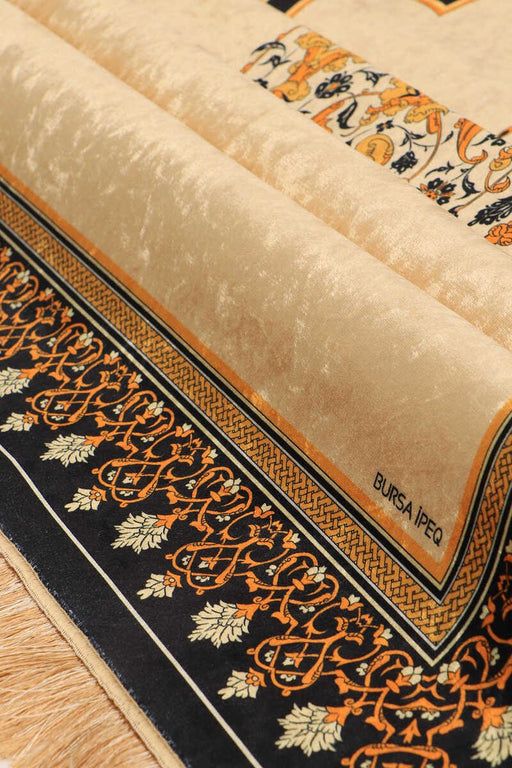 Bursa Ipek | Beige Velvet Carpet Prayer Rug Bursa Ipek Prayer Rug