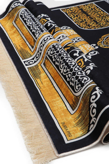 Bursa Ipek | Black Kaaba Velvet Carpet Prayer Rug