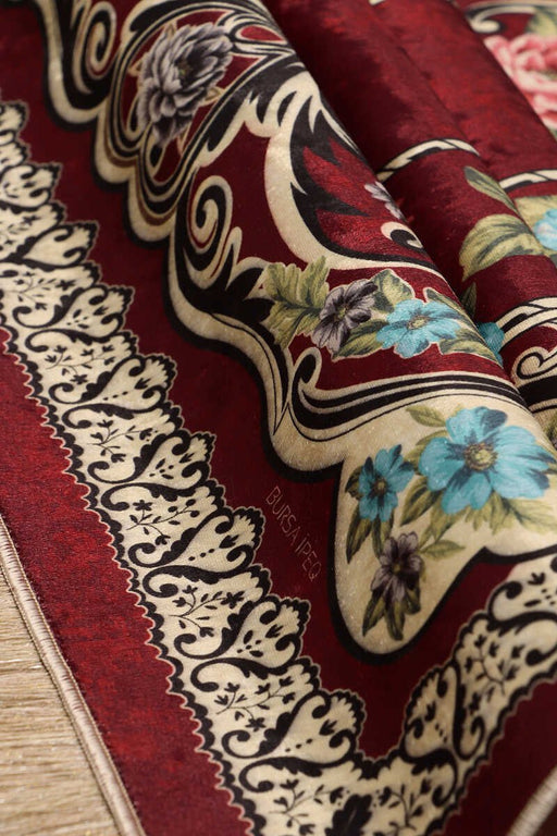 Bursa Ipek | Burgundy Velvet Carpet Prayer Rug Bursa Ipek Prayer Rug