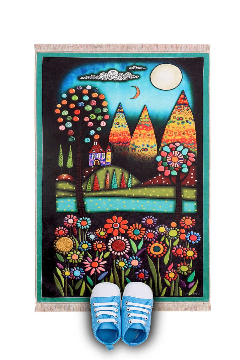 Bursa Ipek | Water Green Moonlight Flowers Children's Prayer Rug and Play Mat