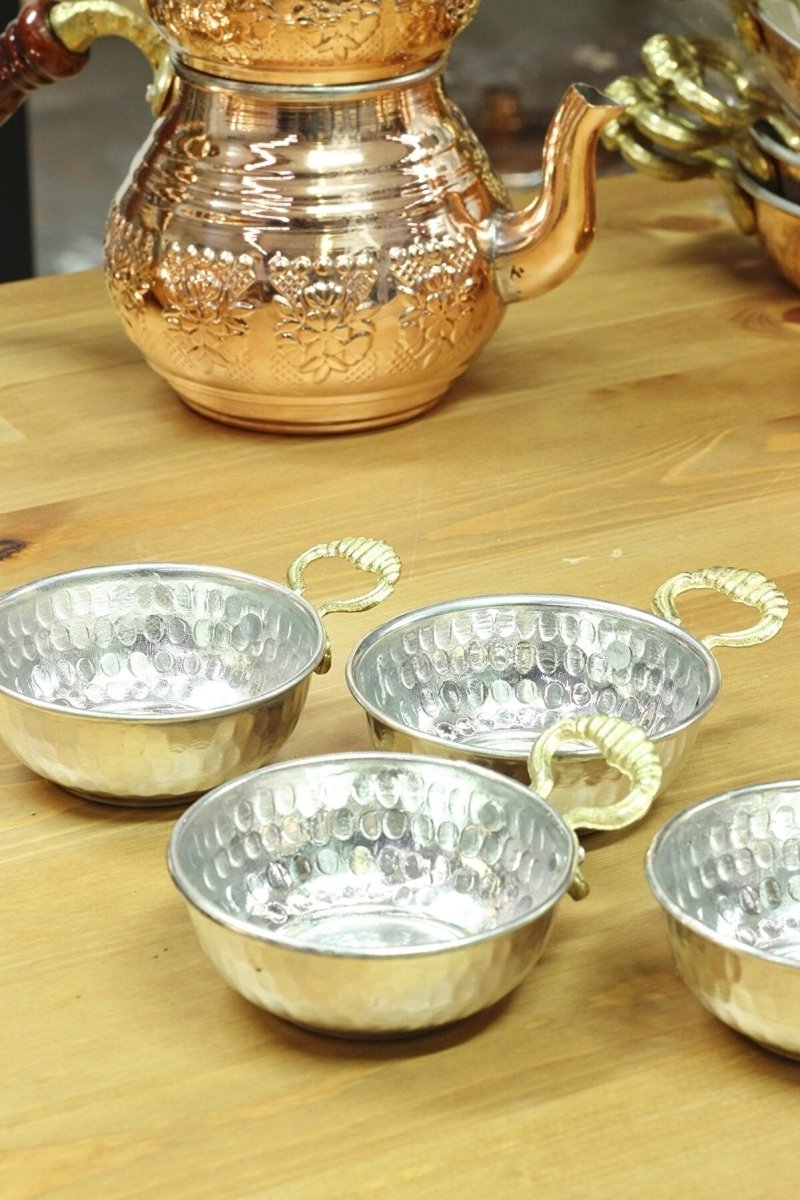 Gur Bakir | Handled Mini Inner and Outer Tinned Copper Bowl - 4 Pieces (8.5cm)