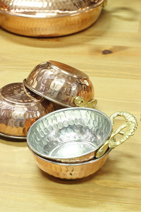 Gur Bakir | Handled Mini Red Copper Bowl - 4 Pieces (8.5cm)