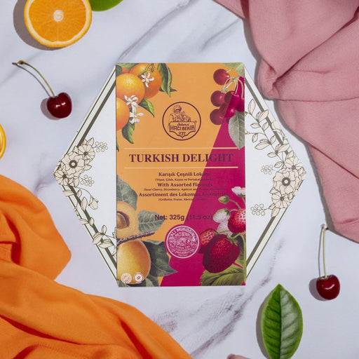 Haci Bekir Exclusive Turkish Delight Fruit Flavored Assorted - Unique Consistency Lokums (Cherry/Strawberry/Apricot/Orange)