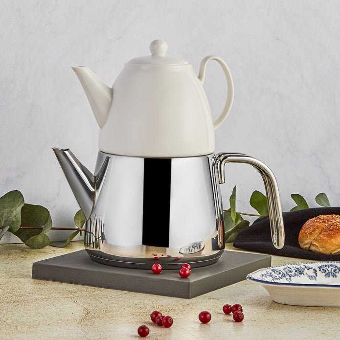 Karaca 3 Piece Stainless Steel Induction Teapot Set with Porcelain