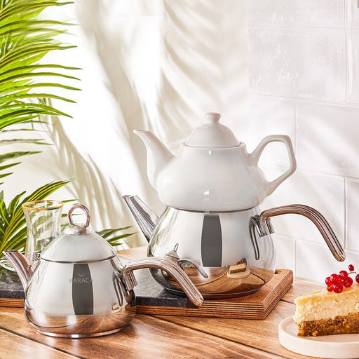 Karaca Porcelain Teapot Gift Set with Induction Base Midi Kettle Karaca Coffee & Tea Pots