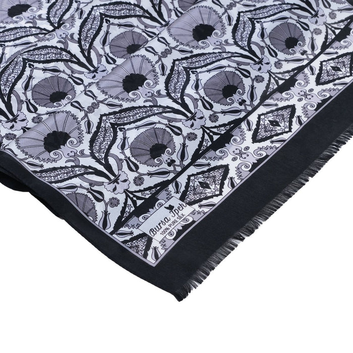 Karanfil Elegant Silk Scarf in Black & Gray Bursa İpek Scarves