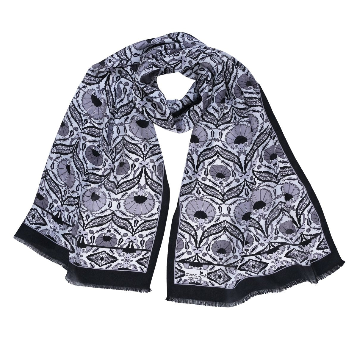 Karanfil Elegant Silk Scarf in Black & Gray