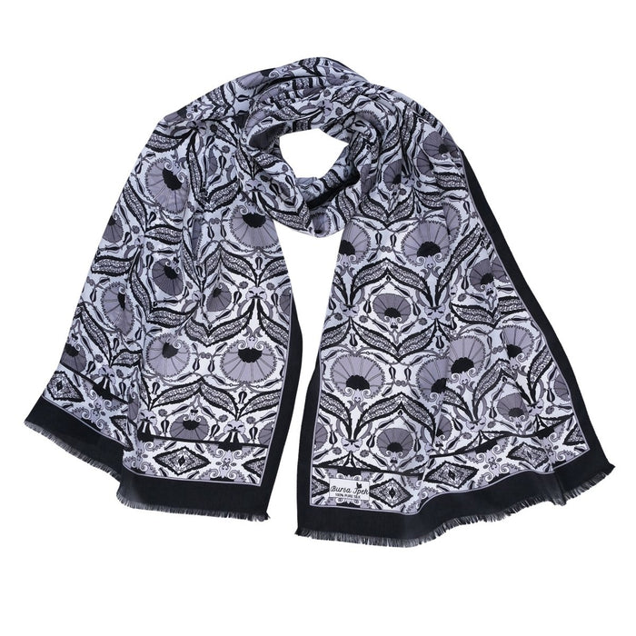 Karanfil Elegant Silk Scarf in Black & Gray Bursa İpek Scarves