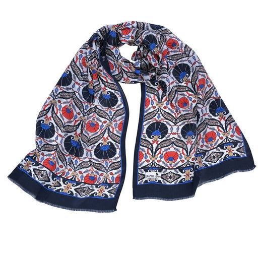 Karanfil Elegant Silk Scarf in Black, Orange & Blue