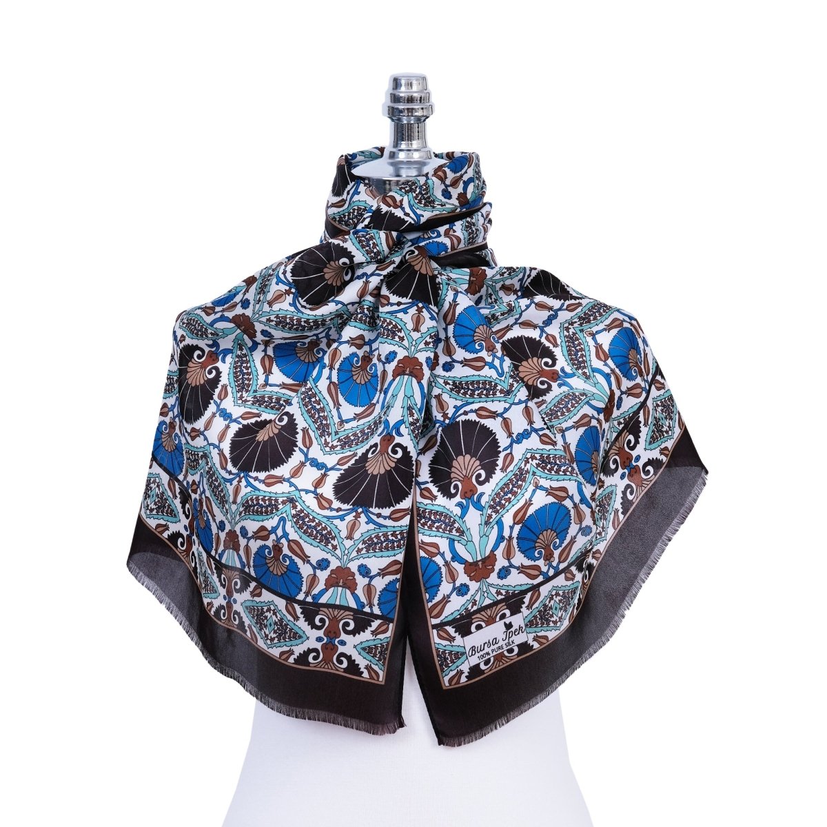 Karanfil Elegant Silk Scarf in Brown & Blue