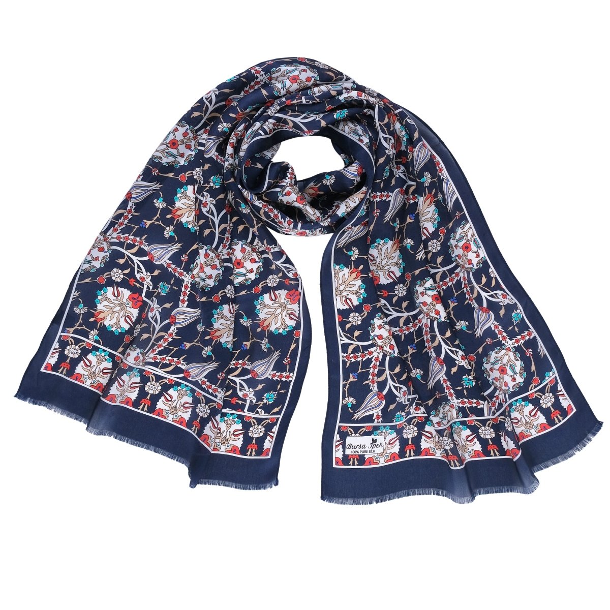 ラレ エレガント シルク スカーフ ブラックにオレンジ、ターコイズ