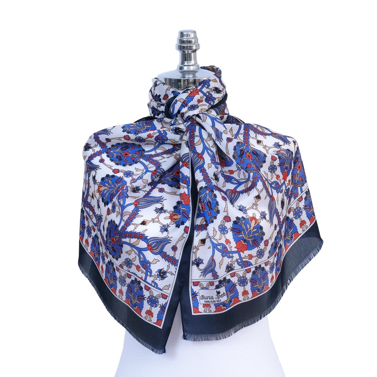 Lale Elegant Silk Scarf in Blue, Red & Cream