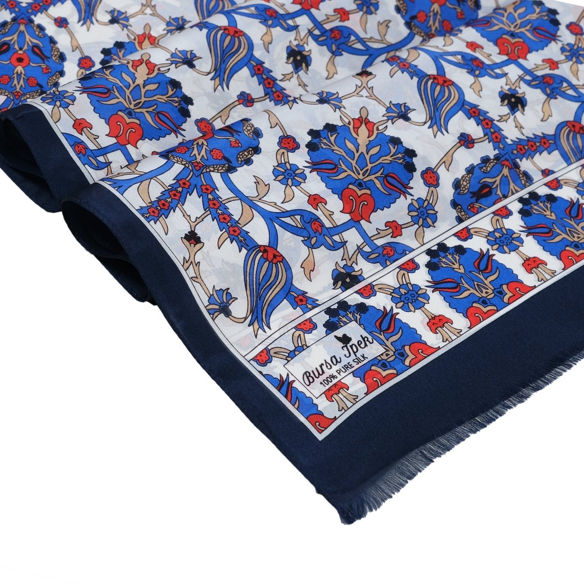 Lale Elegant Silk Scarf in Blue, Red & Cream