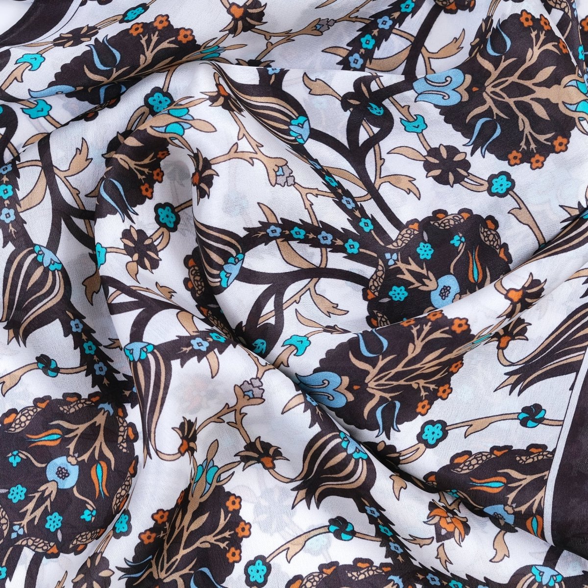 Lale Elegant Silk Scarf in Brown, Orange, Turquoise & Cream