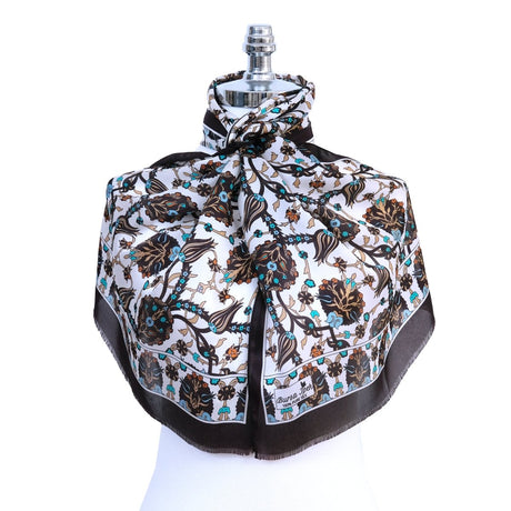 Lale Elegant Silk Scarf in Brown, Orange, Turquoise & Cream