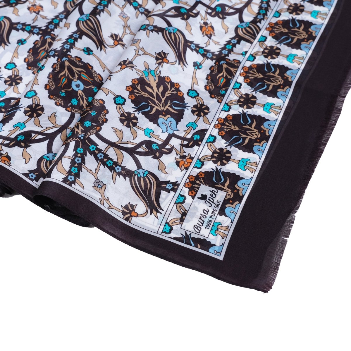 Lale Elegant Silk Scarf in Brown, Orange, Turquoise & Cream