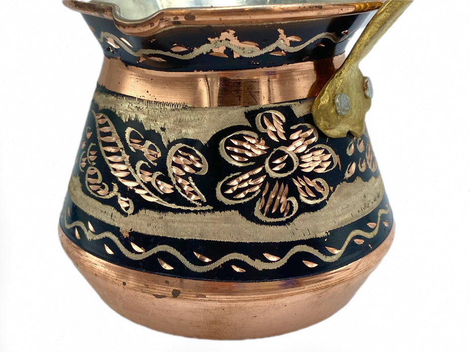 Lavina | Copper Turkish Coffee Pot Black Flower Design with Wooden Handle Lavina Coffee Pot
