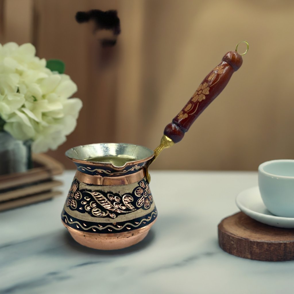 Lavina | Copper Turkish Coffee Pot Black Flower Design with Wooden Handle No. 1