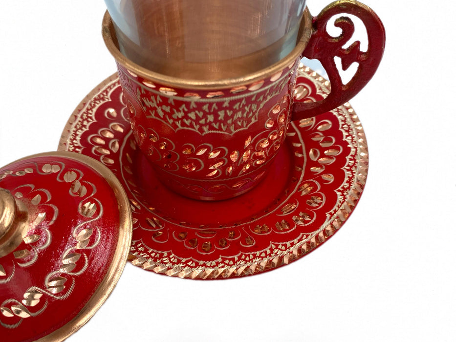 Lavina | Copper Turkish Tea Cup with Lid Erzincan Design Lavina Tea Cup