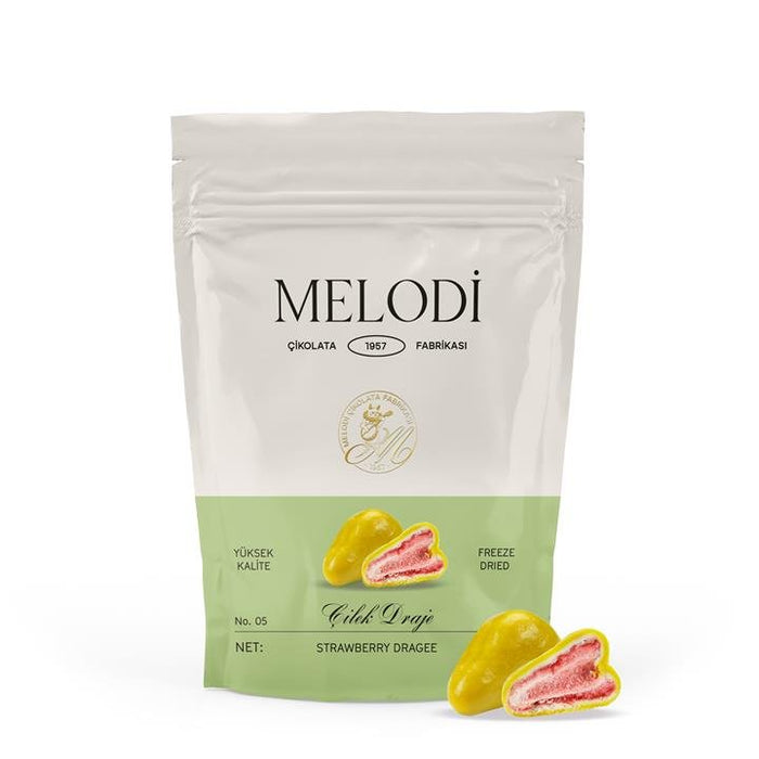 Melodi - White Chocolate Covered Colored Strawberry Dragee - 80 Grams Melodi Chocolate
