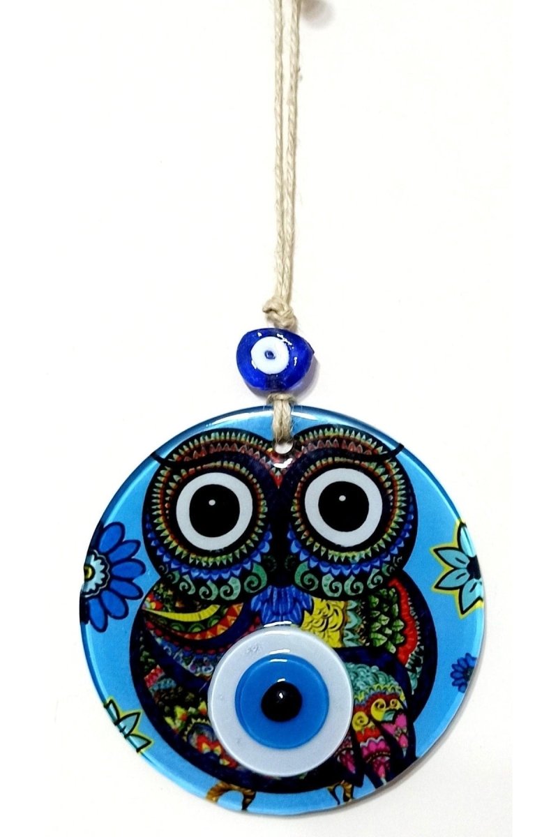 Mixperi | Blue Nazar Beads Owl Model, Blessing and Prosperity Bead Fusion Glass Wall Ornament