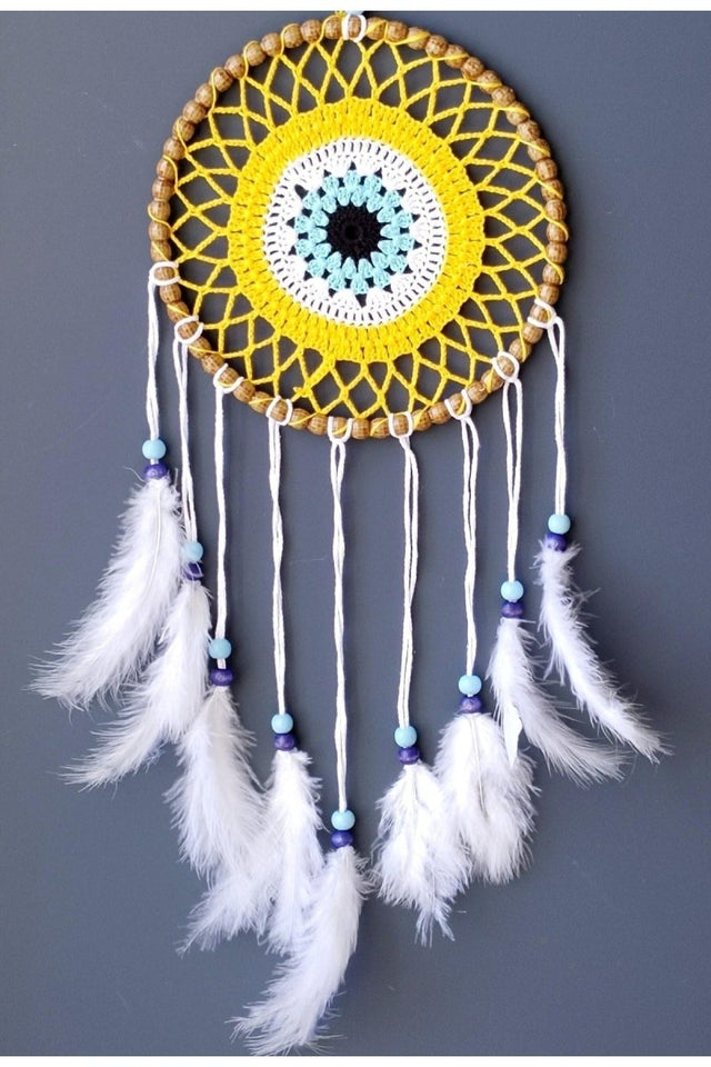 Mixperi | Dream Catcher with Nazar Bead Motif Handmade Yellow Wall Ornament