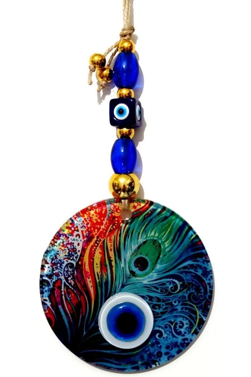 Mixperi | Fusion Glass Peacock Feather Patterned Nazar Beaded Handmade Wall Ornament