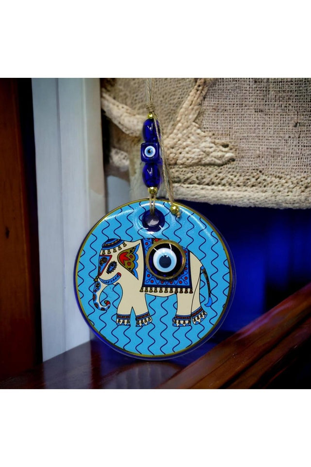 Mixperi | Gilded Elephant Model Blue Nazar Beaded Wall Ornament