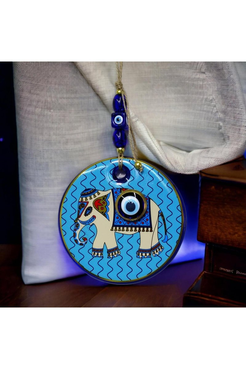 Mixperi | Gilded Elephant Model Blue Nazar Beaded Wall Ornament