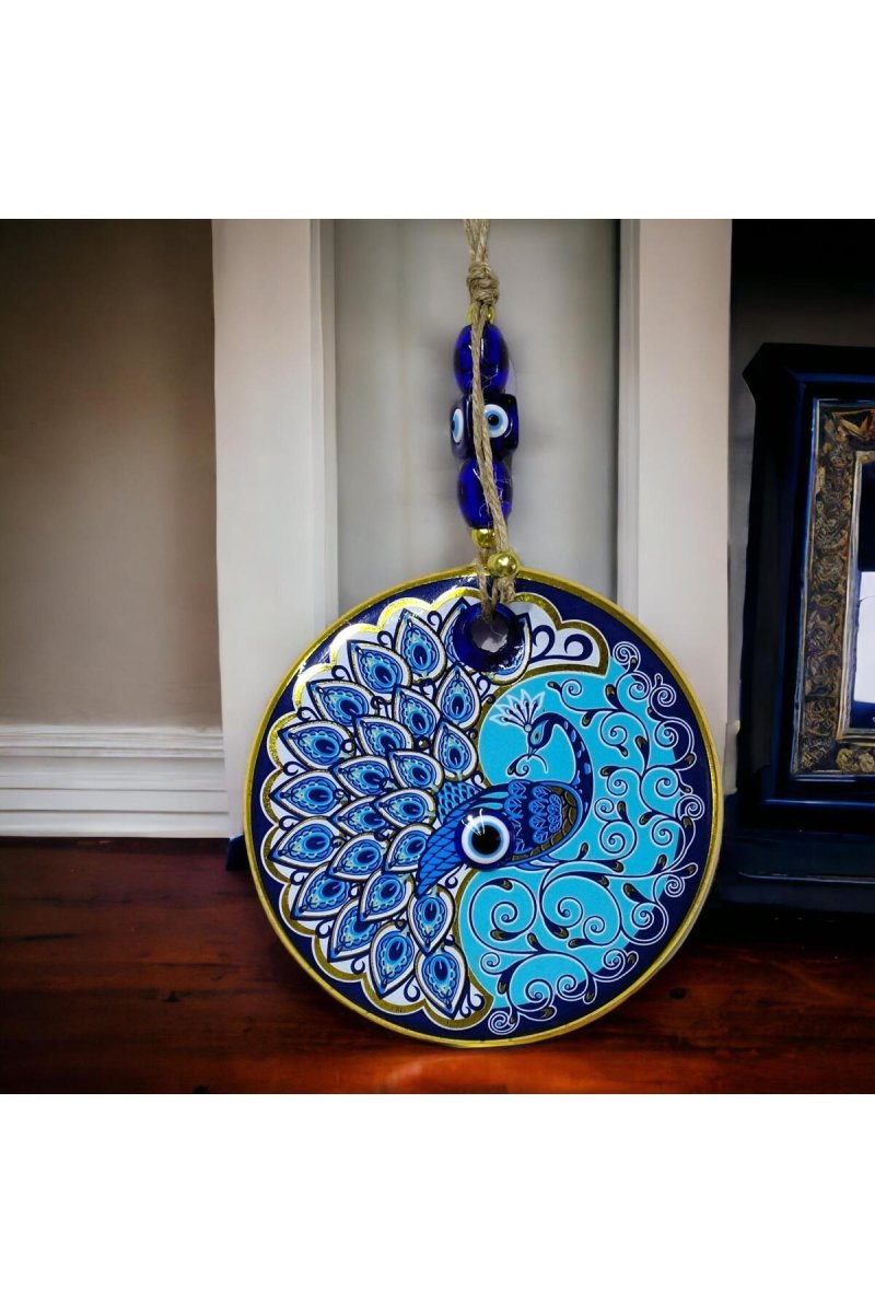 Mixperi | Gilded Nazar Beaded Peacock Glass Wall Ornament