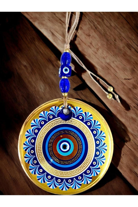 Mixperi | Golden Glass Blue Motif Nazar Beaded Wall Ornament