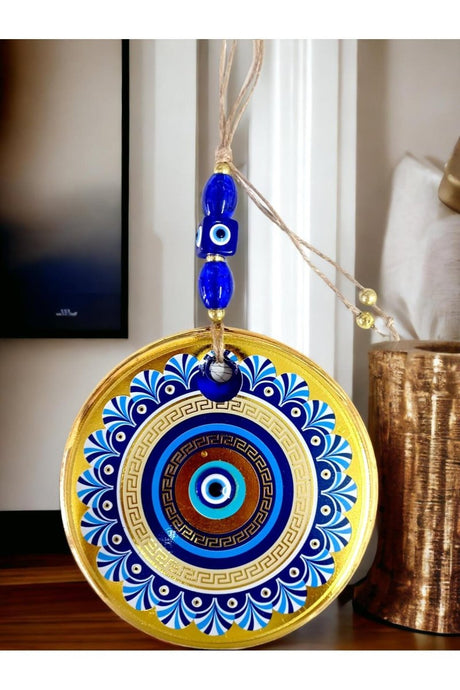 Mixperi | Golden Glass Blue Motif Nazar Beaded Wall Ornament