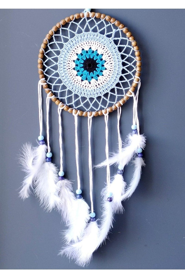 Mixperi | Handmade Ice Blue Dream Catcher Wall Ornament with Nazar Bead Motif