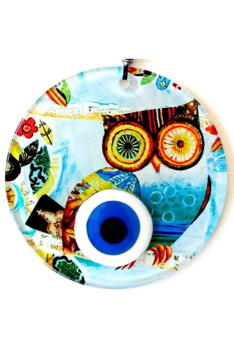 Mixperi | Owl Nazar Beaded Fusion Glass Wall Ornament Mixperi Islamic, Pillow Case Set, Clock, Spiritual, Candle Set, Rug, Vase, Door Mats, Wall Ornaments
