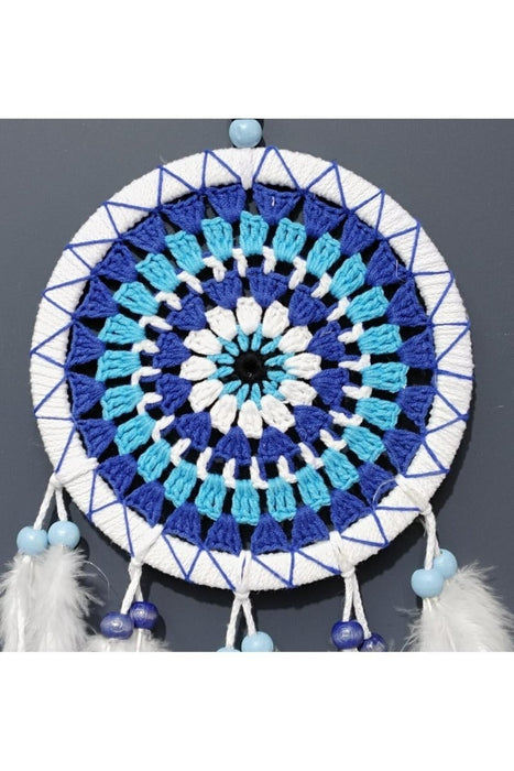 Mixperi | White Color Dream Catcher Handmade Nazar Beaded Pattern and Bird Feathers Wall Ornament