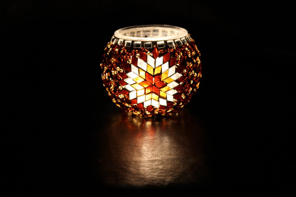 Nazli Mosaic | Handmade Glass Mosaic Candle Holder, Dark Red and White Star