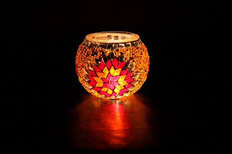 Nazli Mosaic | Handmade Glass Mosaic Candle Holder, Red and Orange Star