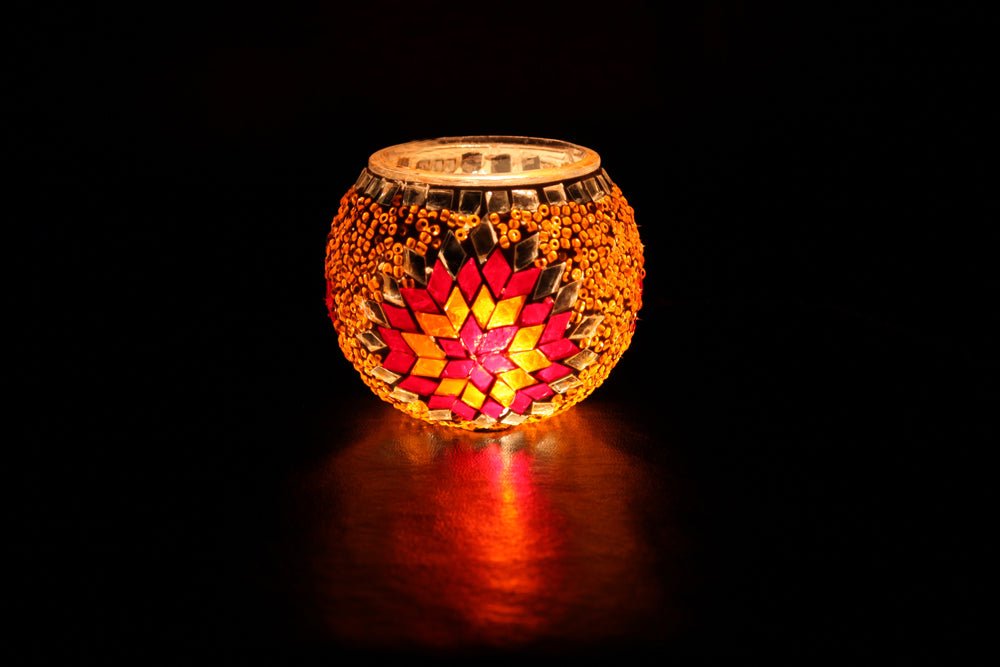 Nazli Mosaic | Handmade Glass Mosaic Candle Holder, Red and Orange Star