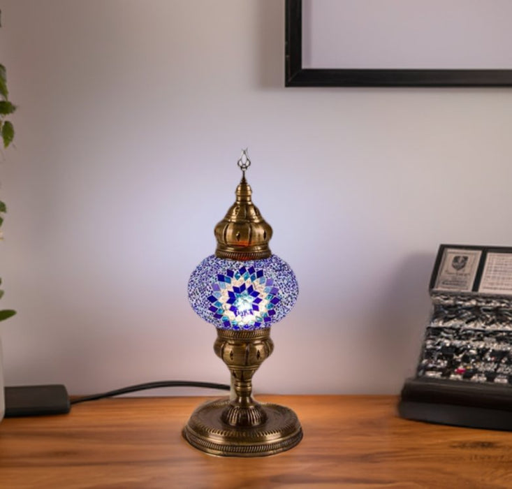 Nazli Mosaic | Handmade Glass Mosaic Desk Lamp, Blue and White Star Nazli Mosaic Lamps